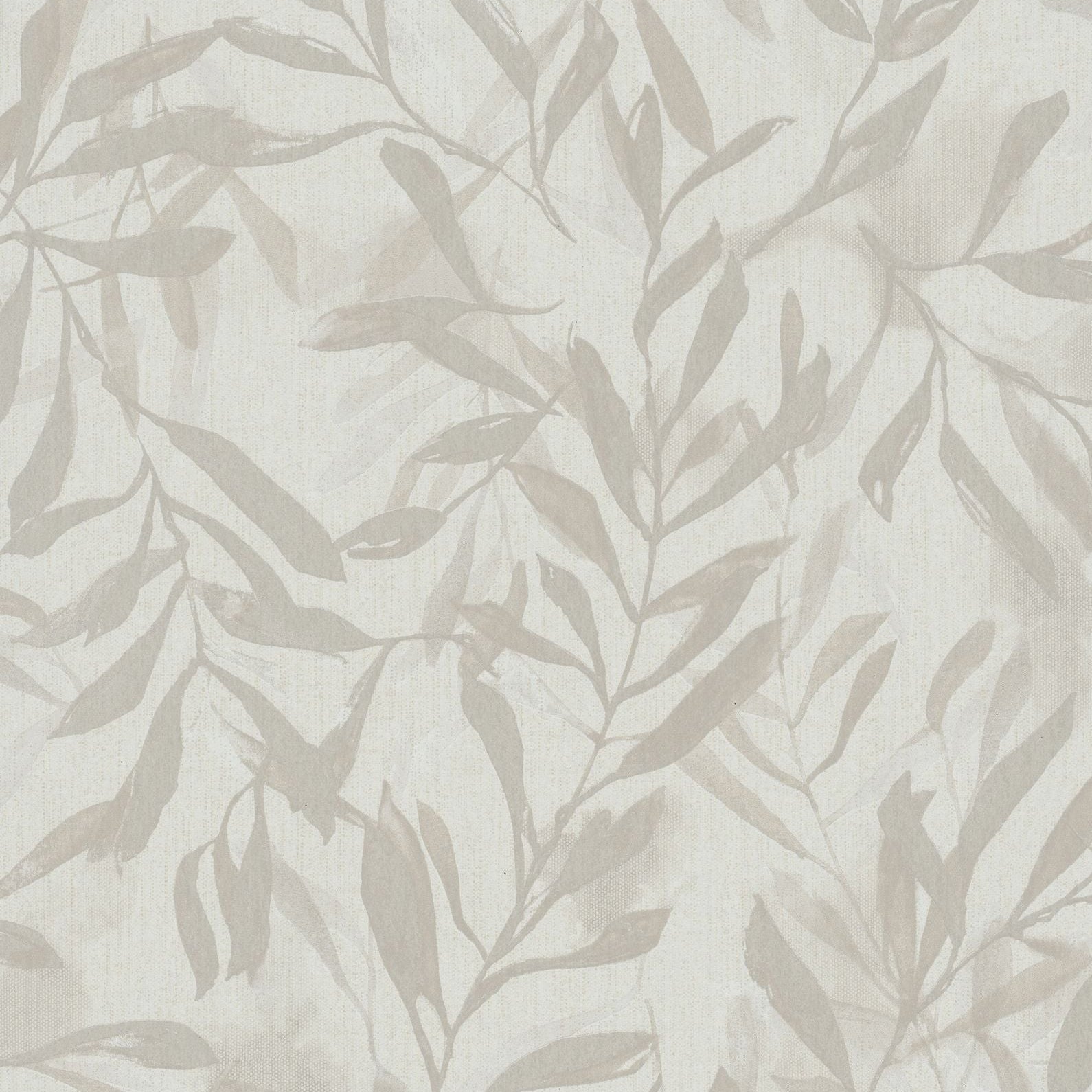 Marburg Leyla 82441 soft white wallpaper with taupe leafy pattern on a linen-like ground.