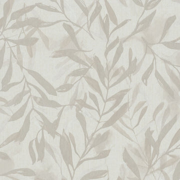 Marburg Leyla 82441 soft white wallpaper with taupe leafy pattern on a linen-like ground.