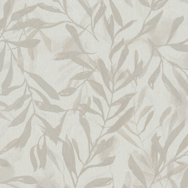 Marburg Leyla 82441 soft white wallpaper with taupe leafy pattern on a linen-like ground.
