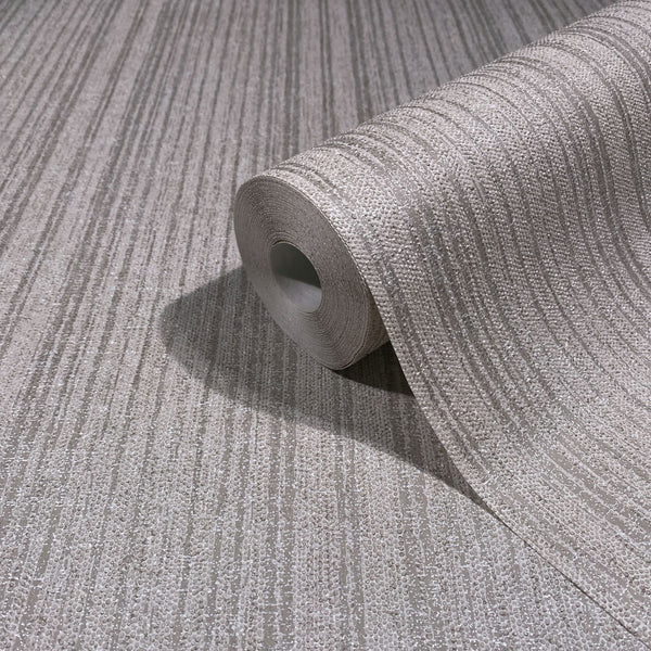 Marburg Leyla 82444 A gray wallpaper roll with irregular vertical linear texture made of small raised dots, displayed on a matching unrolled sheet.