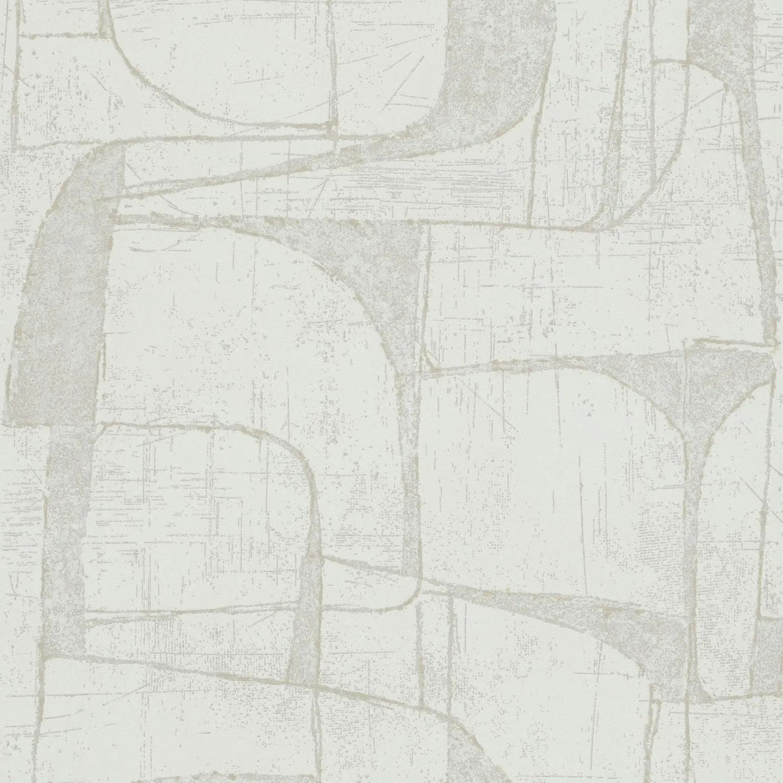 Marburg Leyla 82450 Beige abstract line-pattern wallpaper behind a brass floor lamp with a white globe shade, a textured armchair with a throw, and cotton stems.
