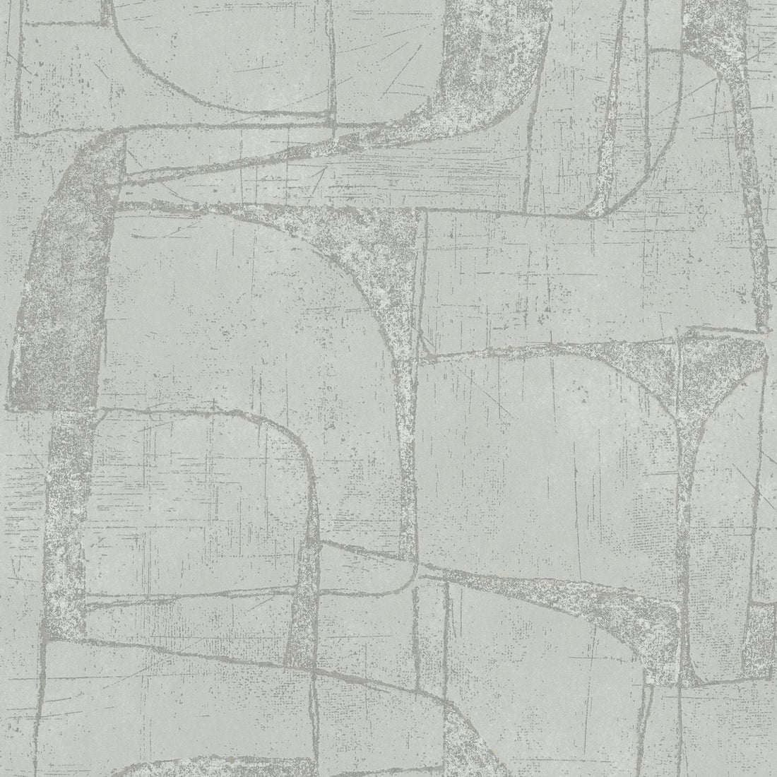 Marburg Leyla 82452 Gray abstract wallpaper with distressed, sketch-like lines behind a rectangular wooden planter holding three succulents, including a tall cactus, on a wooden shelf.