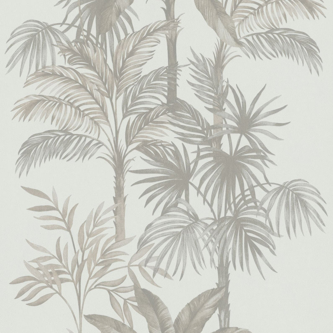 Marburg Leyla 82454 Feature wall with beige palm tree patterned wallpaper on a light background, shown behind a cream armchair and a small round wooden side table with decorative objects on wood flooring.