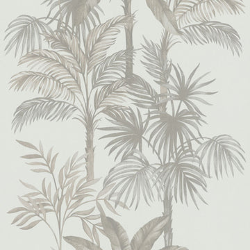 Neutral palm leaf wallpaper in beige and grey on a soft white background