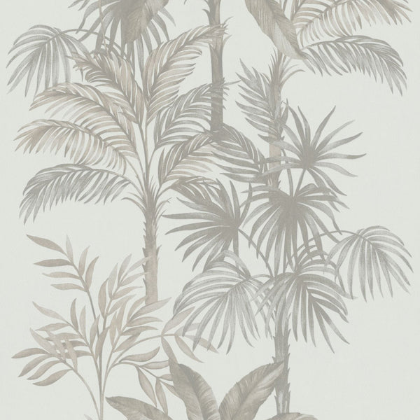 Neutral palm leaf wallpaper in beige and grey on a soft white background