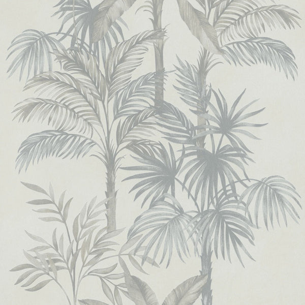 Marburg Leyla 82455 wallpaper with layered palm leaves in soft greige and grey on a light ground.