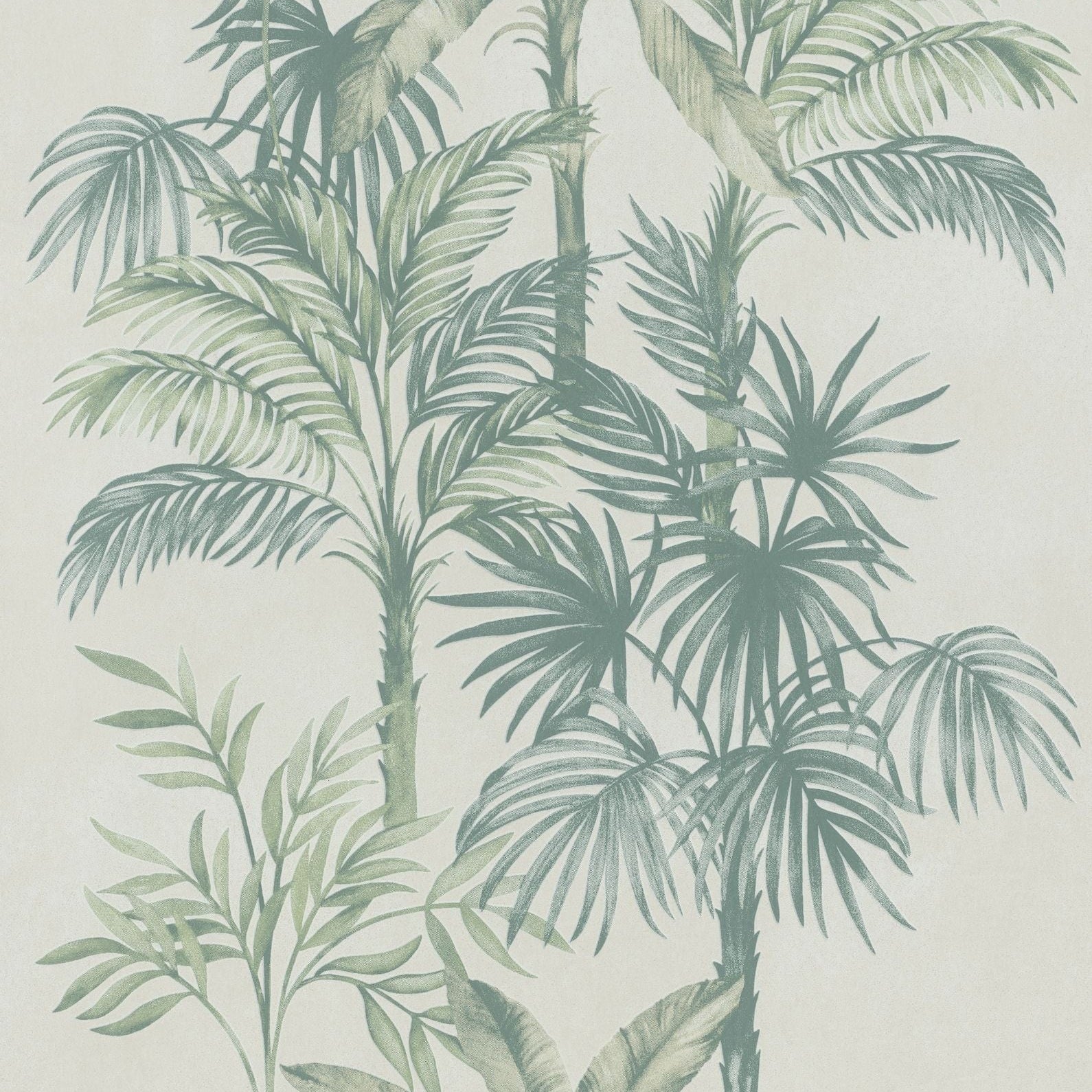 Marburg Leyla 82456 palm-leaf botanical wallpaper on a light neutral ground with sage and teal green fronds.