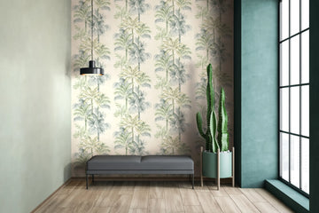 Marburg Leyla 82456 Repeating vertical palm tree motif on a light beige ground with green foliage tones wallpaper on a styled interior feature wall.