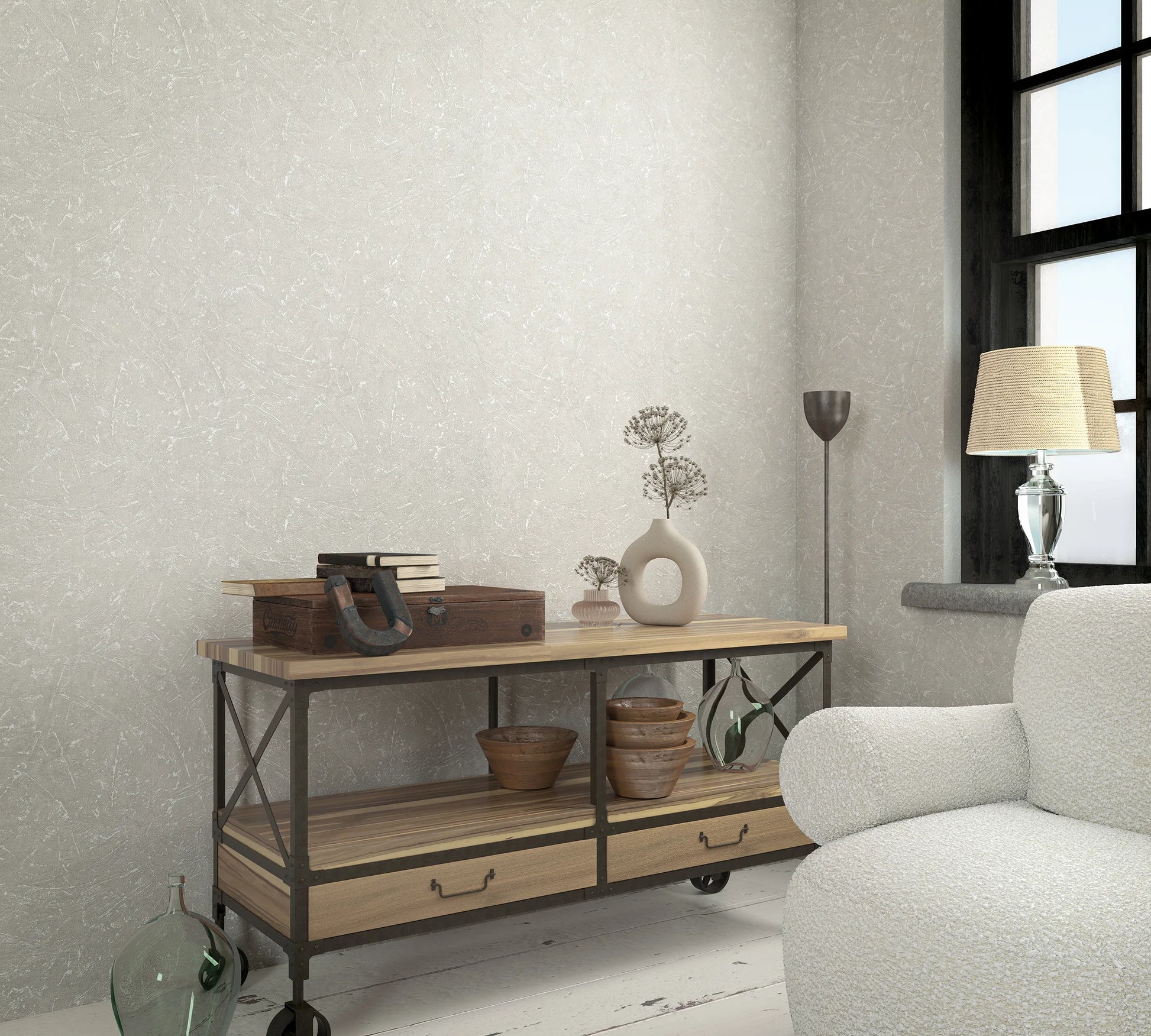 Marburg Loft Superior 34152 Subtle abstract plaster-effect pattern with fine white streaks on a light beige-gray ground wallpaper on a living room feature wall.