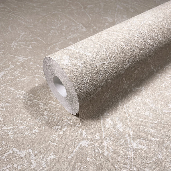 Marburg Loft Superior 34154 Beige textured wallpaper roll with irregular white distressed markings, shown resting on a matching unrolled sheet.