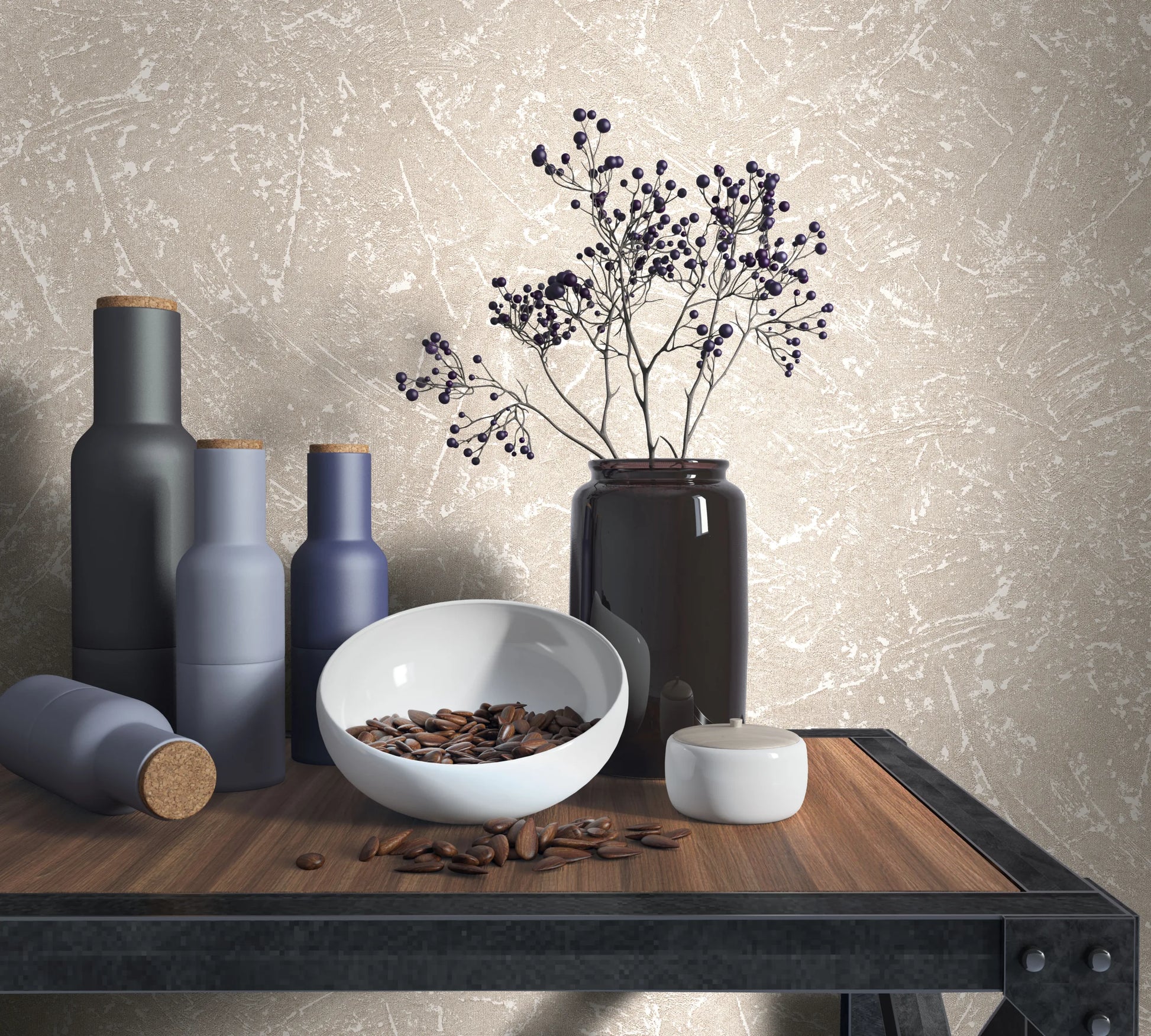 Marburg Loft Superior 34154 Beige textured wallpaper with abstract plaster-like streaks behind a wooden table styled with matte bottles with cork lids, a white bowl of seeds, a small lidded jar, and a dark vase holding berry stems.