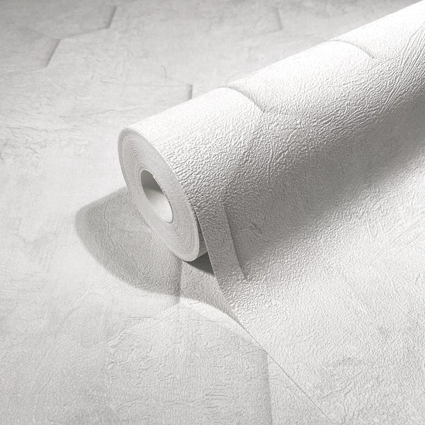Marburg Loft Superior 34157 Close-up of a white textured wallpaper roll partially unrolled on the same wallpaper, showing an irregular plaster-like surface.