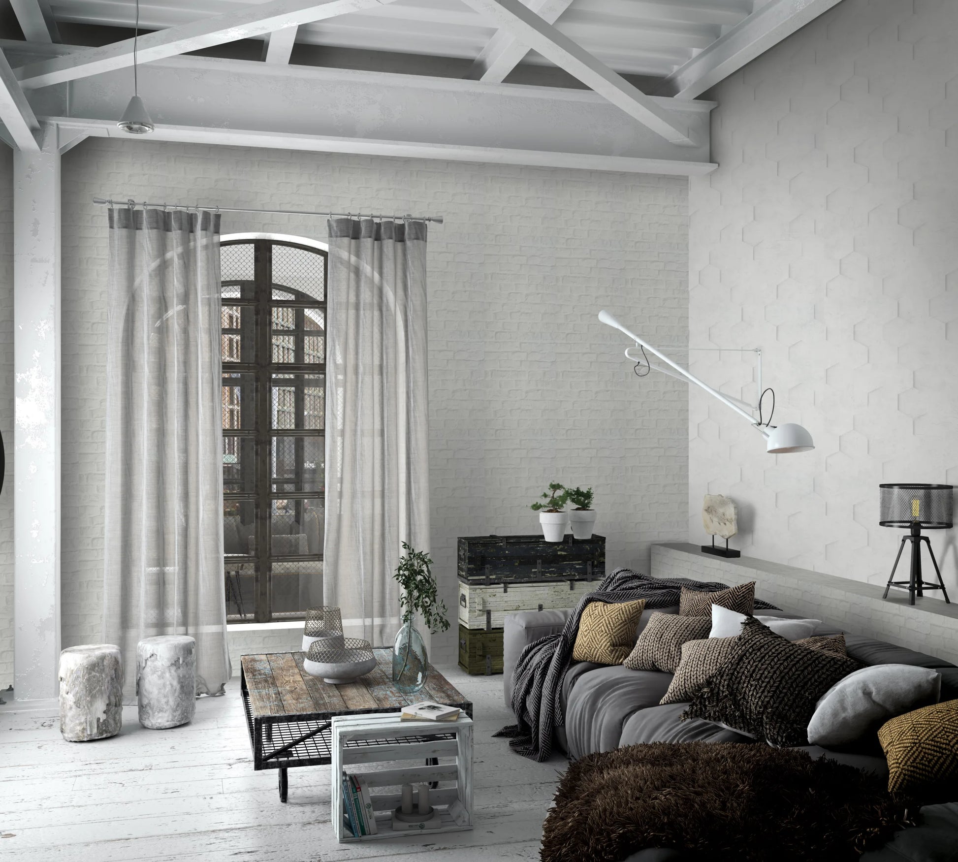 Marburg Loft Superior 34157 Subtle light neutral hexagon-pattern wallpaper on the right wall paired with whitewashed brick‑look, wallpaper on a living room feature wall.
