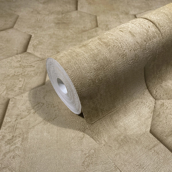 Marburg Loft Superior 34163 Close-up of a brown textured wallpaper roll resting on matching unrolled wallpaper, showing an irregular plaster-like surface.