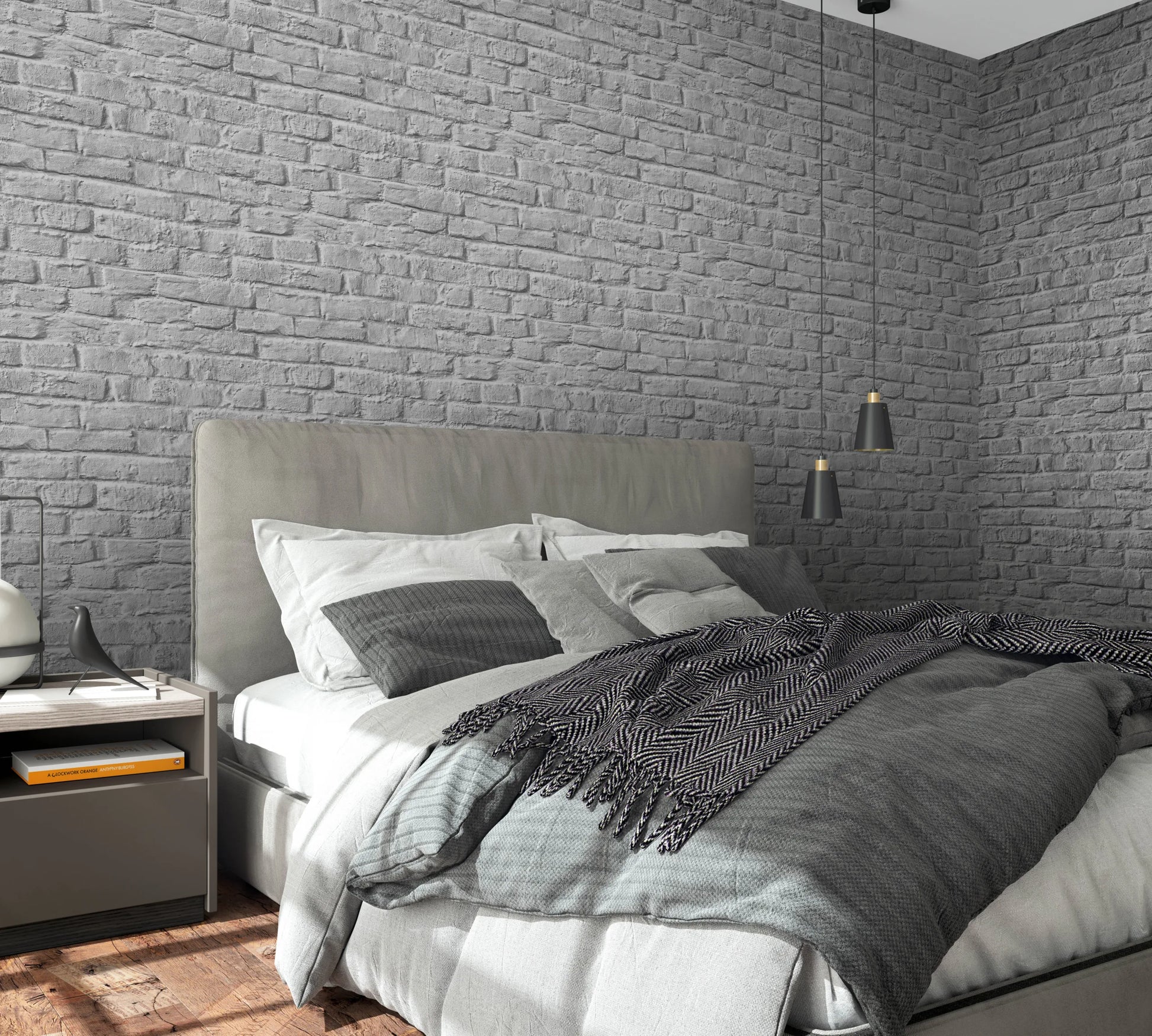 Marburg Loft Superior 34168 realistic gray faux brick pattern wallpaper covering two walls wallpaper on a bedroom feature wall.