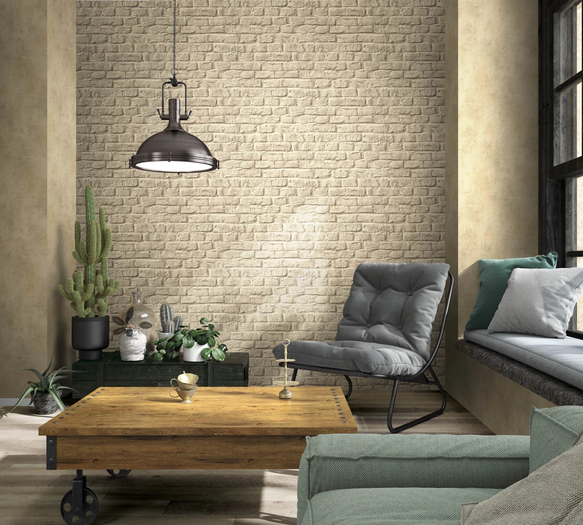 Marburg Loft Superior 34169 Beige faux brick wallpaper in a living room with a metal pendant light, gray lounge chair, wooden coffee table on casters, window seat with cushions, and several potted plants.