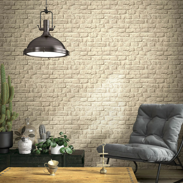 Marburg Loft Superior 34169 Light beige faux brick pattern with small, irregular bricks and subtle weathered shading wallpaper on a living room feature wall.