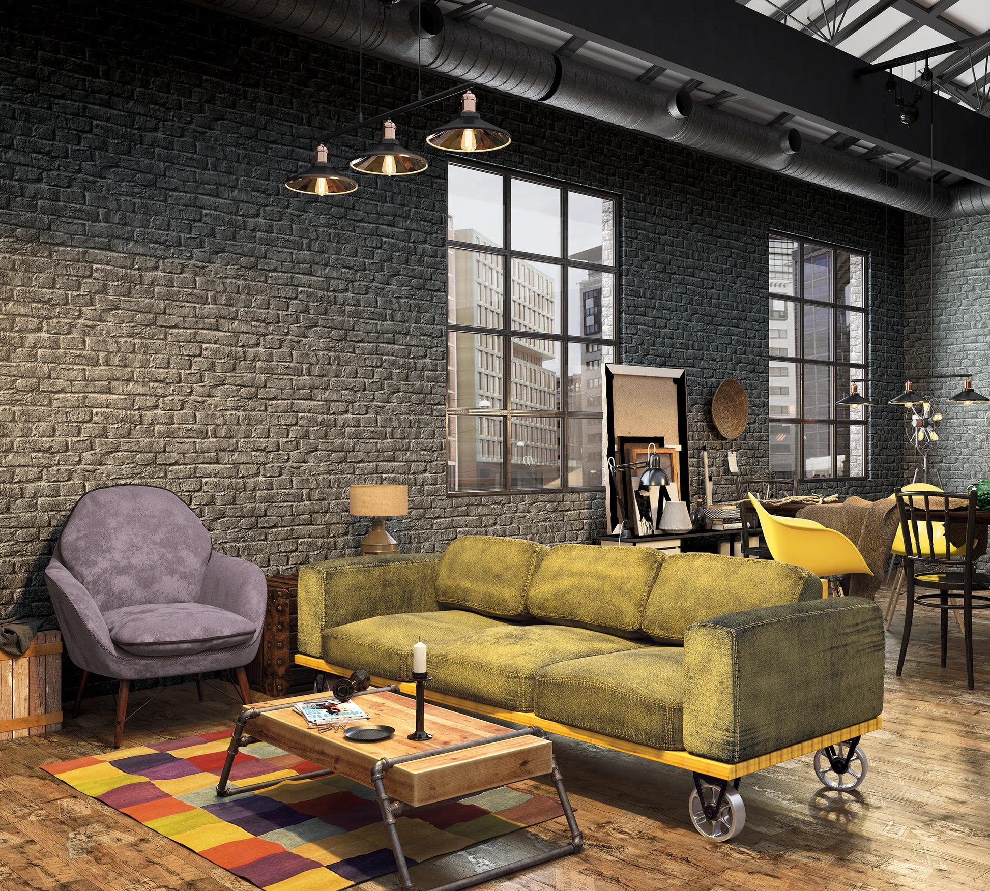 Marburg Loft Superior 34170 Industrial loft living room featuring dark brick‑effect wallpaper across a large wall with metal‑framed windows, a yellow sofa on casters, a purple armchair, a low wood coffee table on a colorful rug, pendant lights, and exposed ductwork.