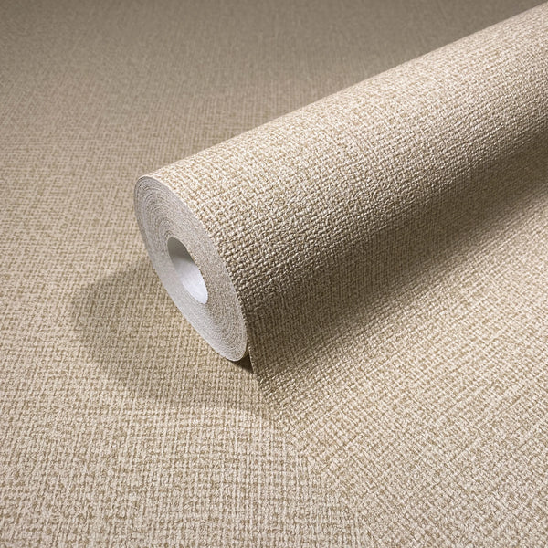 Marburg Loft Superior 34175 Close-up of a beige textured crosshatch wallpaper roll resting on a matching unrolled sheet.