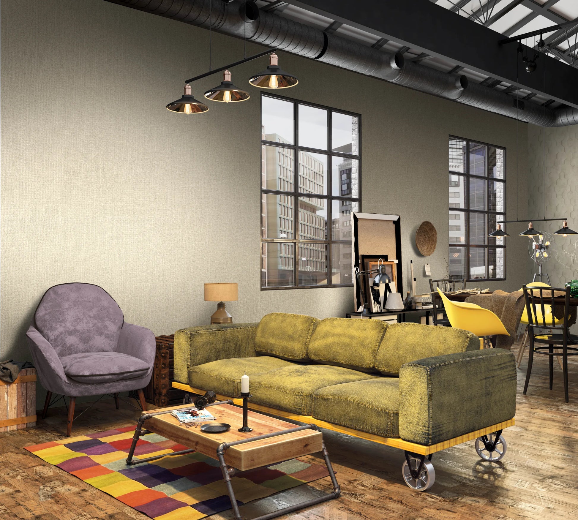 Marburg Loft Superior 34175 Industrial loft living room featuring beige small‑scale patterned wallpaper, large grid windows, a green sofa on casters, a gray armchair, a coffee table on a colorful rug, and pendant lights overhead.