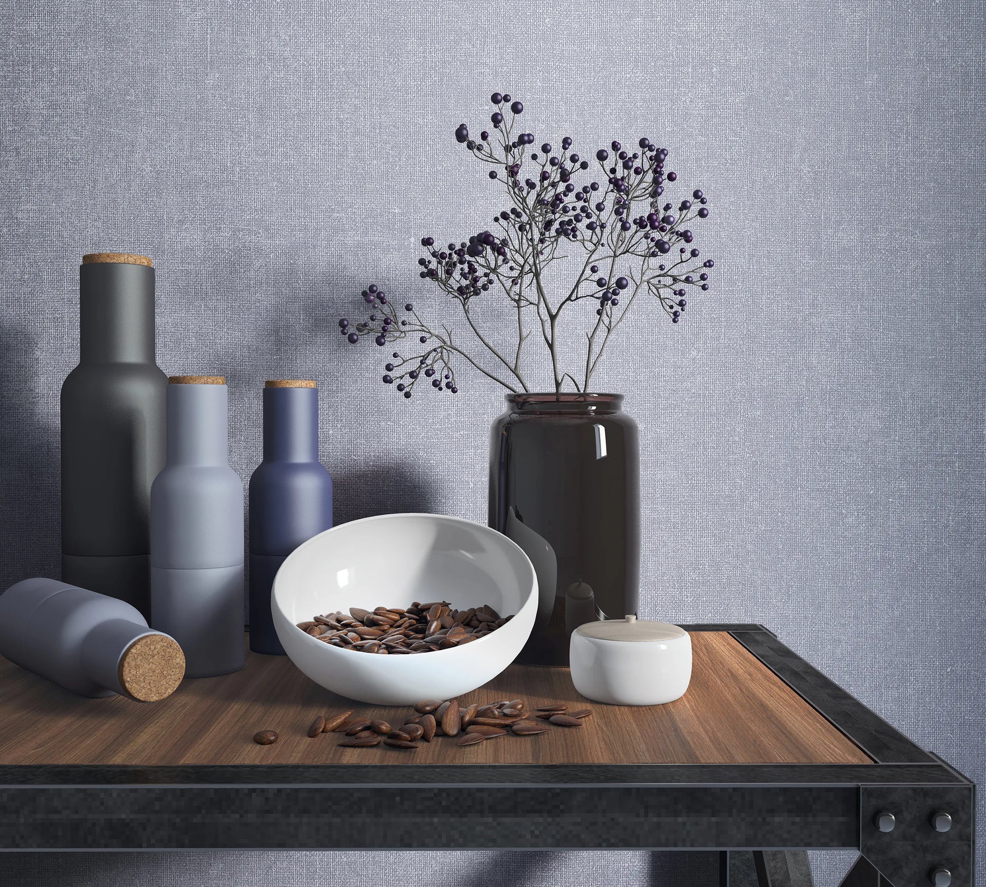 Marburg Loft Superior 34182 Textured light purple crosshatch wallpaper behind a wooden and metal table styled with matte bottles with cork stoppers, a dark vase holding berry branches, a white bowl with seeds, and a small white lidded container.