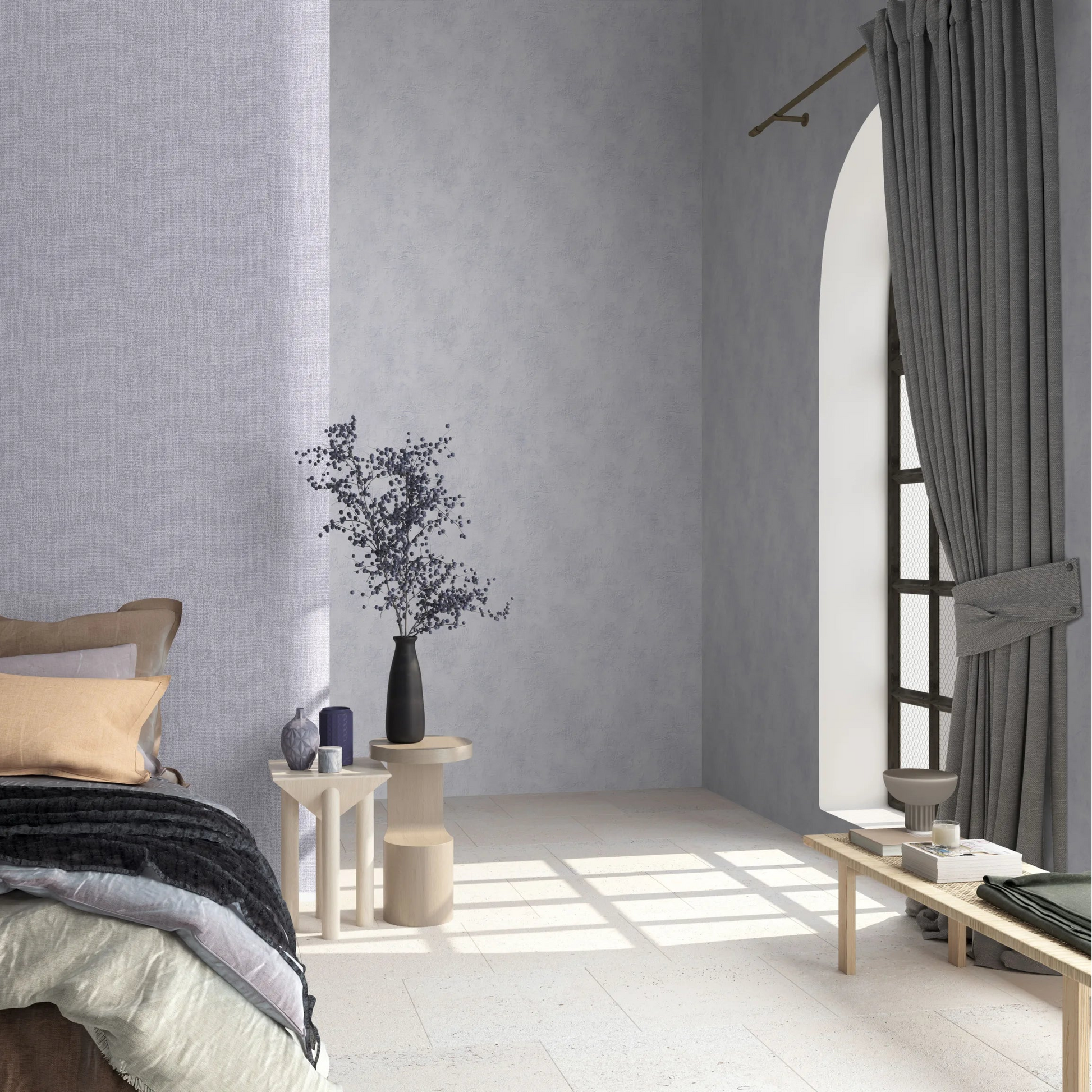 Marburg Loft Superior 34182 Two coordinating wallpapers: a pale lavender micro‑geometric texture on the left wall and a soft, m​ wallpaper on a bedroom feature wall.