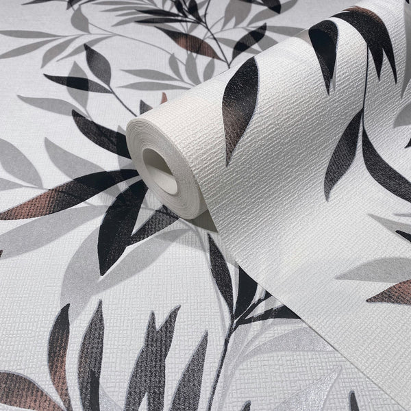 Marburg Mona 82458 Wallpaper roll on matching surface showing a black and gray leafy pattern on a white textured background.