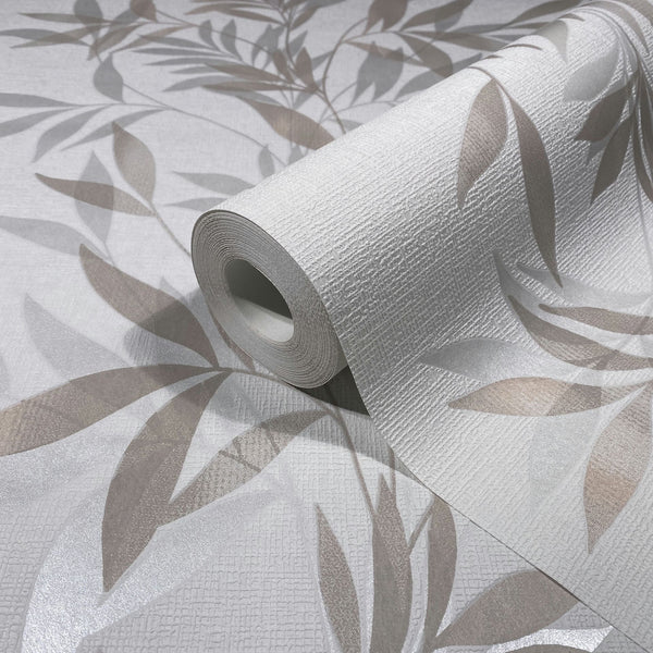 Marburg Mona 82459 Close-up of a wallpaper roll on matching unrolled wallpaper, showing a textured white background with a beige leaf pattern.
