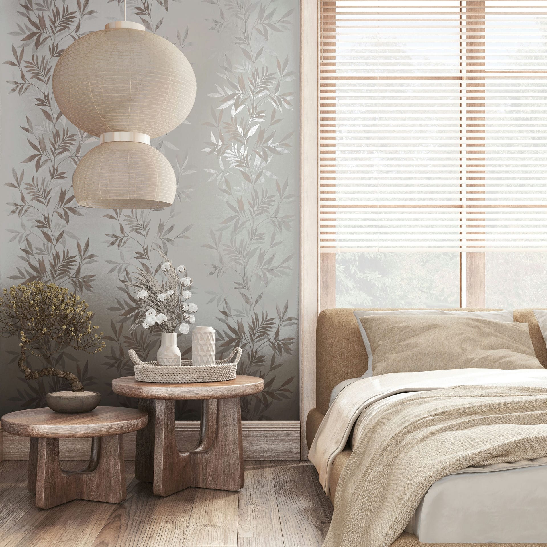 Marburg Mona 82459 Botanical wallpaper with layered leafy branches in neutral tones and a subtle sheen on a smooth base wallpaper on a bedroom feature wall.