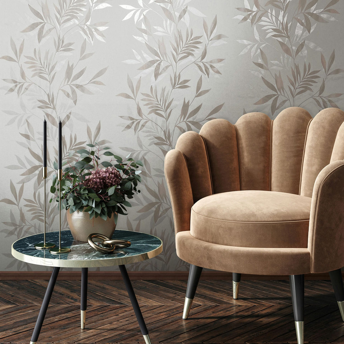 Marburg Mona 82459 beige and white leafy botanical wallpaper with a subtle linen-like ground