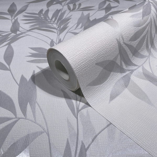 Marburg Mona 82460 Wallpaper roll on matching sheet showing a white textured surface with gray leaf silhouettes.