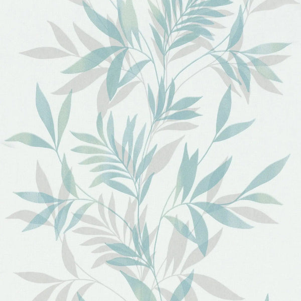 Marburg Mona 82461 white wallpaper with layered green and grey leafy branches on a subtle linen-look ground
