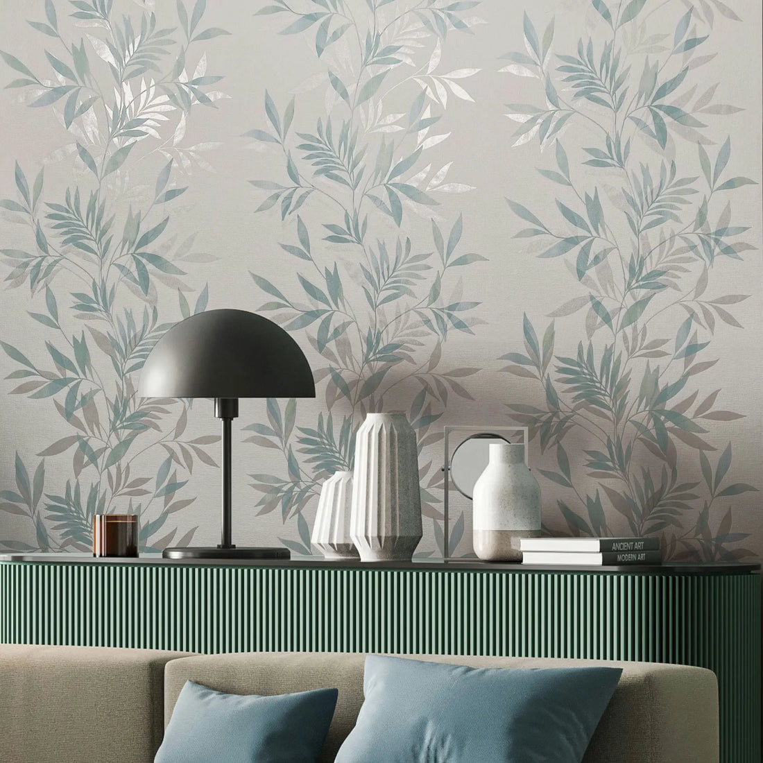 Marburg Mona 82461 white wallpaper with layered green and grey leafy branches on a subtle linen-look ground
