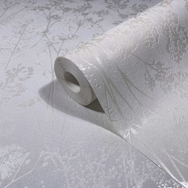 Marburg Mona 82462 A white wallpaper roll on matching unrolled wallpaper, showing a tone-on-tone botanical silhouette pattern with raised texture.