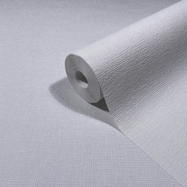 Marburg Mona 82473 Close-up of a white textured wallpaper roll partially unrolled, showing a fine crosshatch embossing.