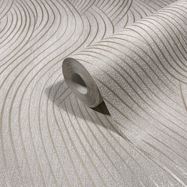 Marburg Mona 82475 A wallpaper roll resting on matching material shows a textured wavy stripe pattern in beige and light gray.