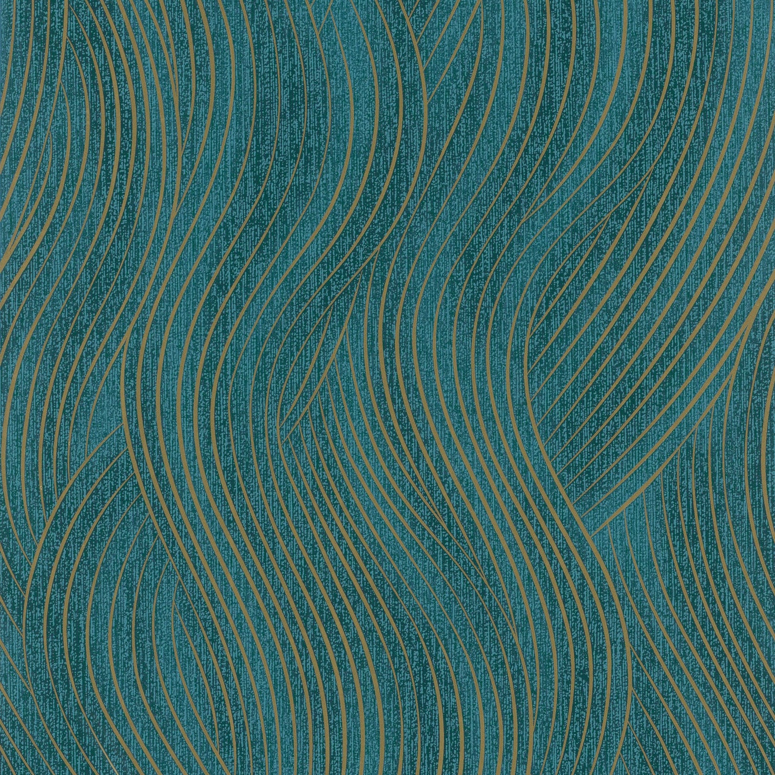 Marburg Mona 82477 wallpaper in deep forest teal with flowing olive-gold wavy lines
