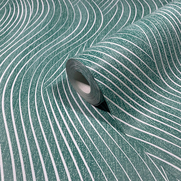 Marburg Mona 82478 Close-up product view of a wallpaper roll resting on matching sheet with flowing white wavy stripes over a green background.