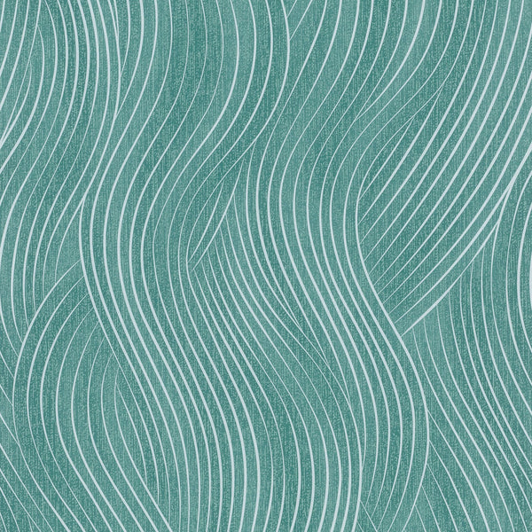 Marburg Mona 82478 wallpaper with teal-blue wavy geometric lines and subtle silver accents