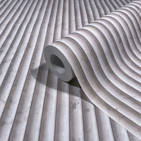 Marburg Mona 89004 Wallpaper roll on matching surface showing textured wavy ribbed stripes in beige and gray.