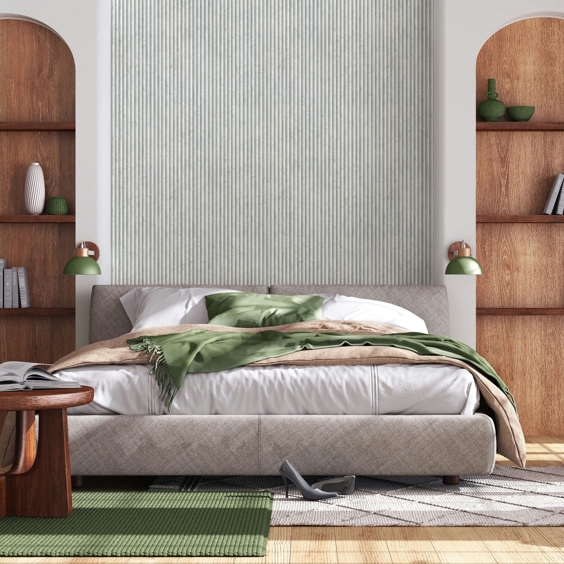 Marburg Mona 89005 Bedroom scene featuring light gray vertical stripe wallpaper as a panel behind the bed, flanked by arched wood shelving. A low bed with layered bedding sits in front, with green wall lamps, a wooden side table, a rug, and a single heel on the floor.