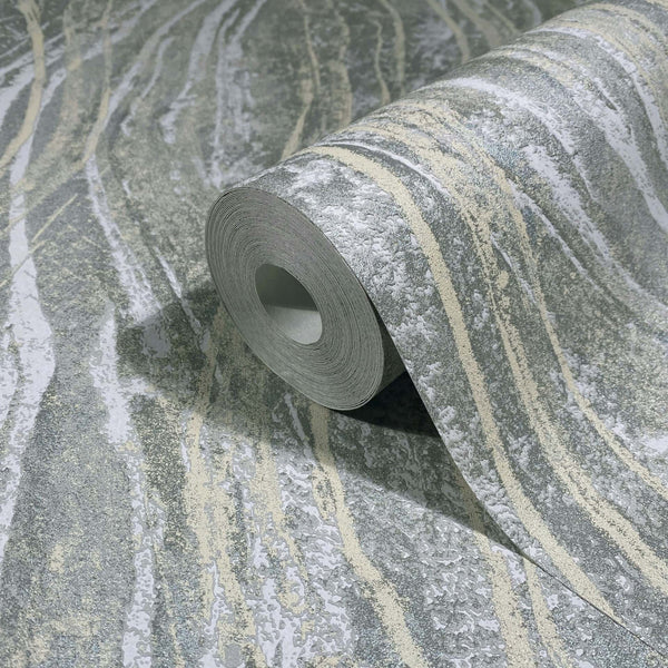Marburg Naomi 82494 Close-up of a gray wallpaper roll with abstract wavy stone-like veining in light beige, shown on a matching unrolled sheet.