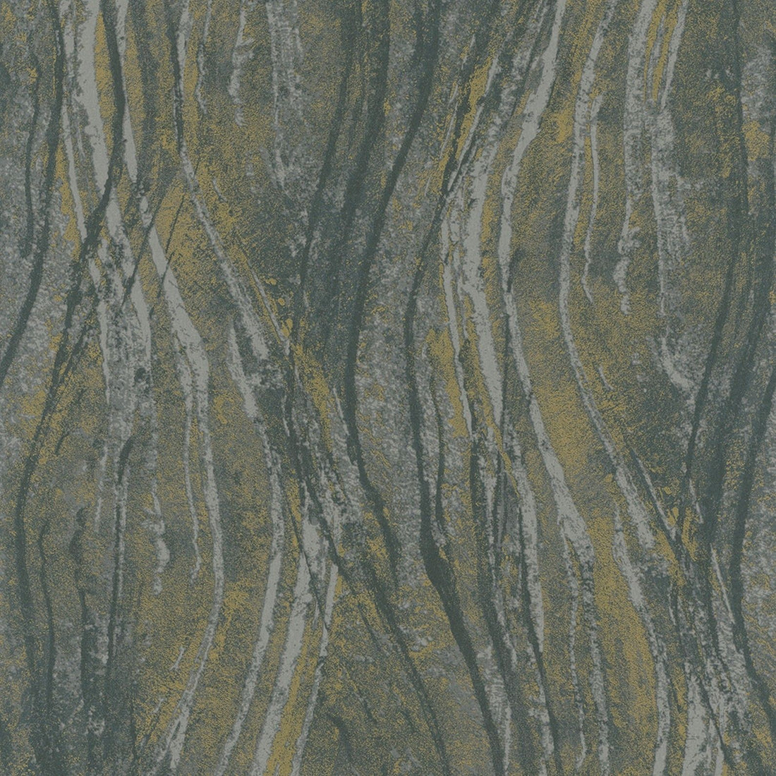 Close-up of Marburg Naomi 82496 wallpaper with charcoal grey wavy stripes and ochre accents over a concrete-look ground.