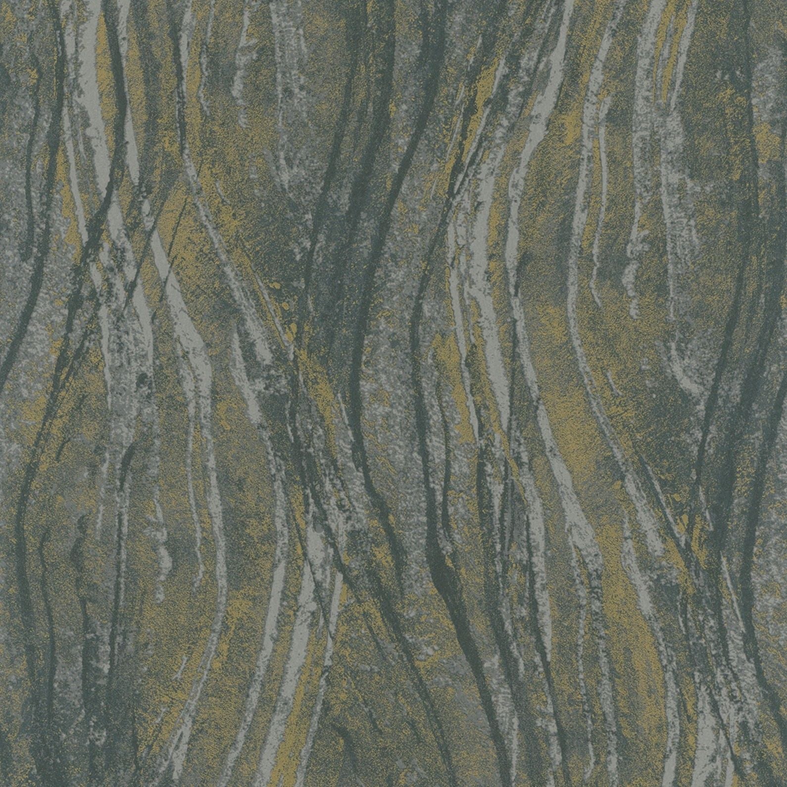 Close-up of Marburg Naomi 82496 wallpaper with charcoal grey wavy stripes and ochre accents over a concrete-look ground.