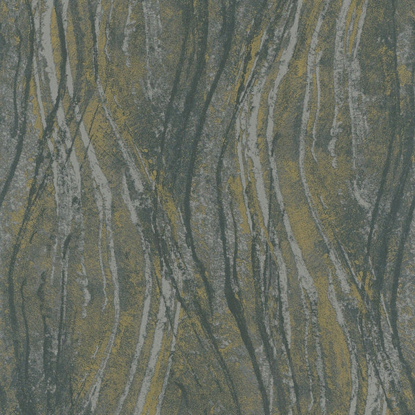 Close-up of Marburg Naomi 82496 wallpaper with charcoal grey wavy stripes and ochre accents over a concrete-look ground.