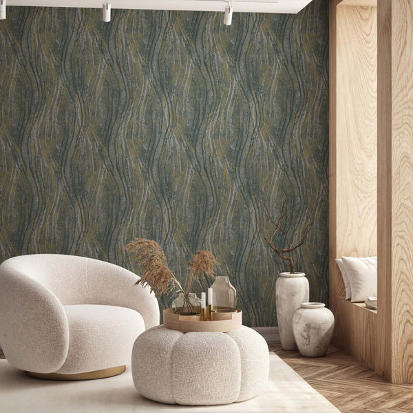 Marburg Naomi 82496 Living room scene with dark gray wallpaper featuring vertical wavy stripes in muted yellow and light gray. A rounded boucle armchair, matching pouf with a tray and decor, two large ceramic vases, a built-in wood bench with cushions, and track lighting are in视.