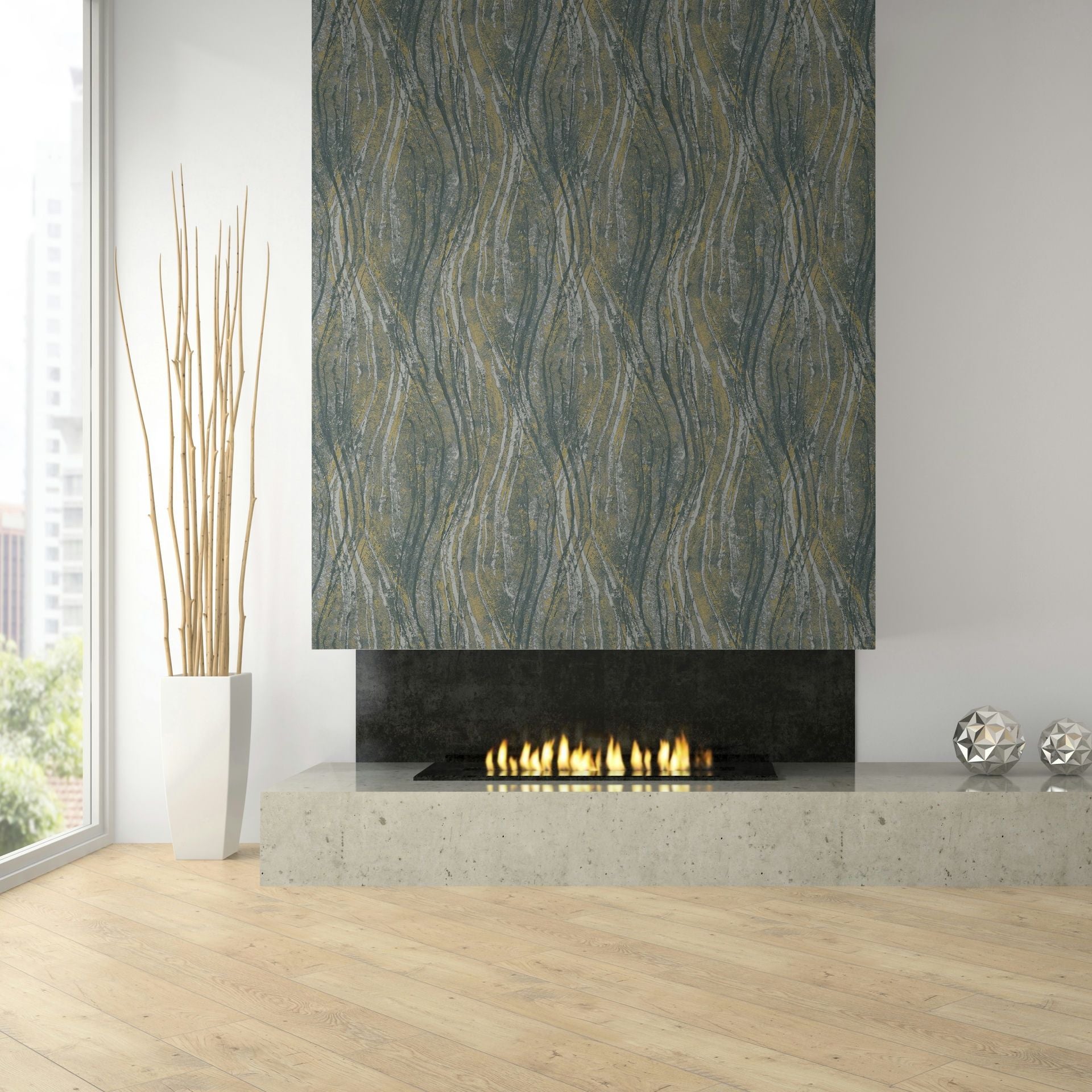 Marburg Naomi 82496 Abstract wavy gray and yellow wallpaper covers the chimney breast above a modern linear fireplace, with a tall white planter of sticks and two metallic geometric ornaments on the concrete hearth.