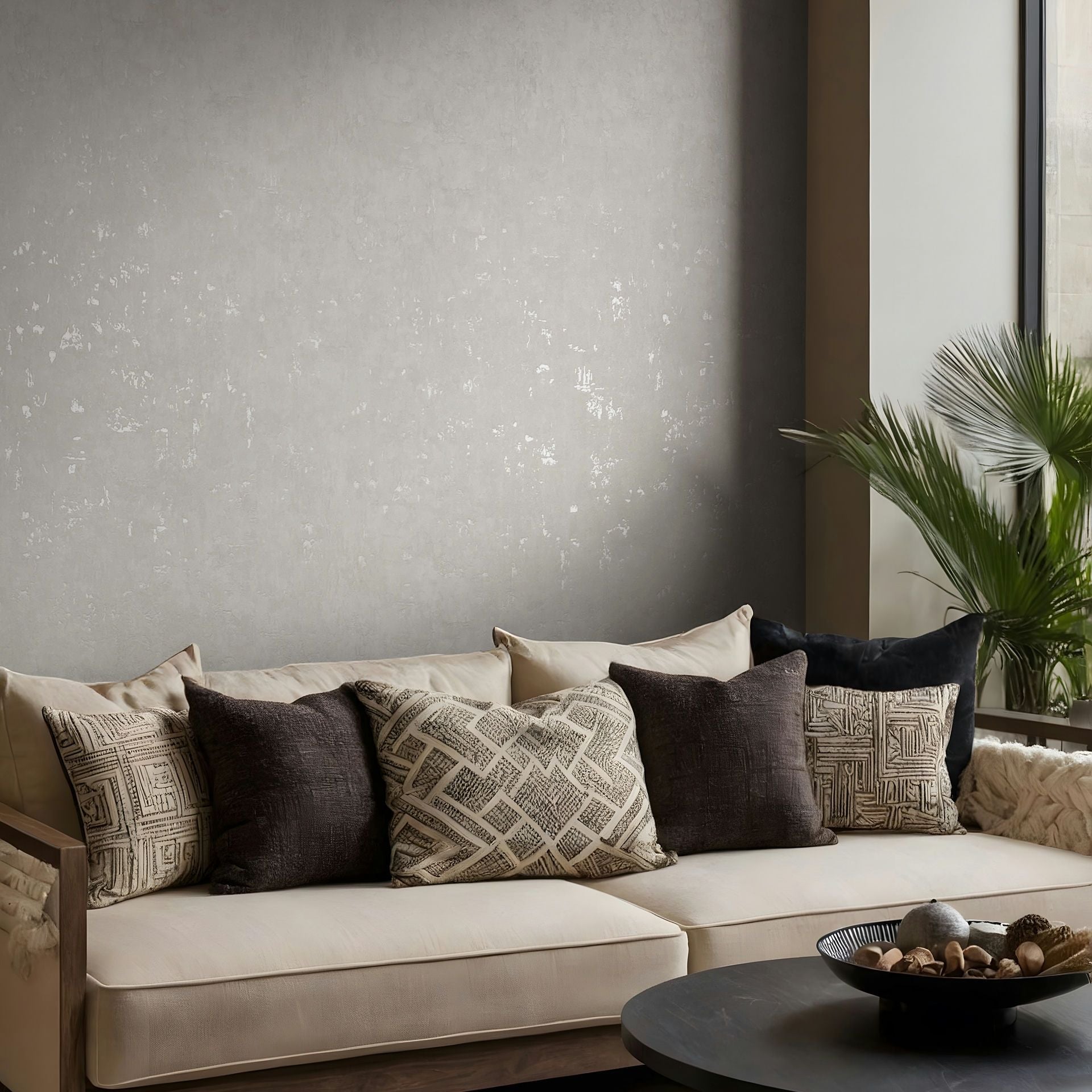 Marburg Naomi 82500 Gray textured wallpaper with a subtle distressed effect behind a light sofa with assorted pillows, a round coffee table with a decorative bowl, and a potted palm by a window.