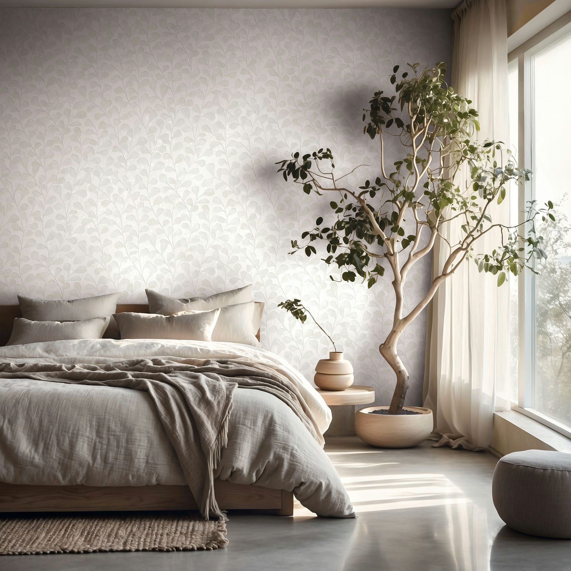 Marburg Naomi 82501 Bedroom scene featuring a white, tone-on-tone leaf-pattern wallpaper behind a low bed, with a large potted tree by a tall window and neutral bedding.