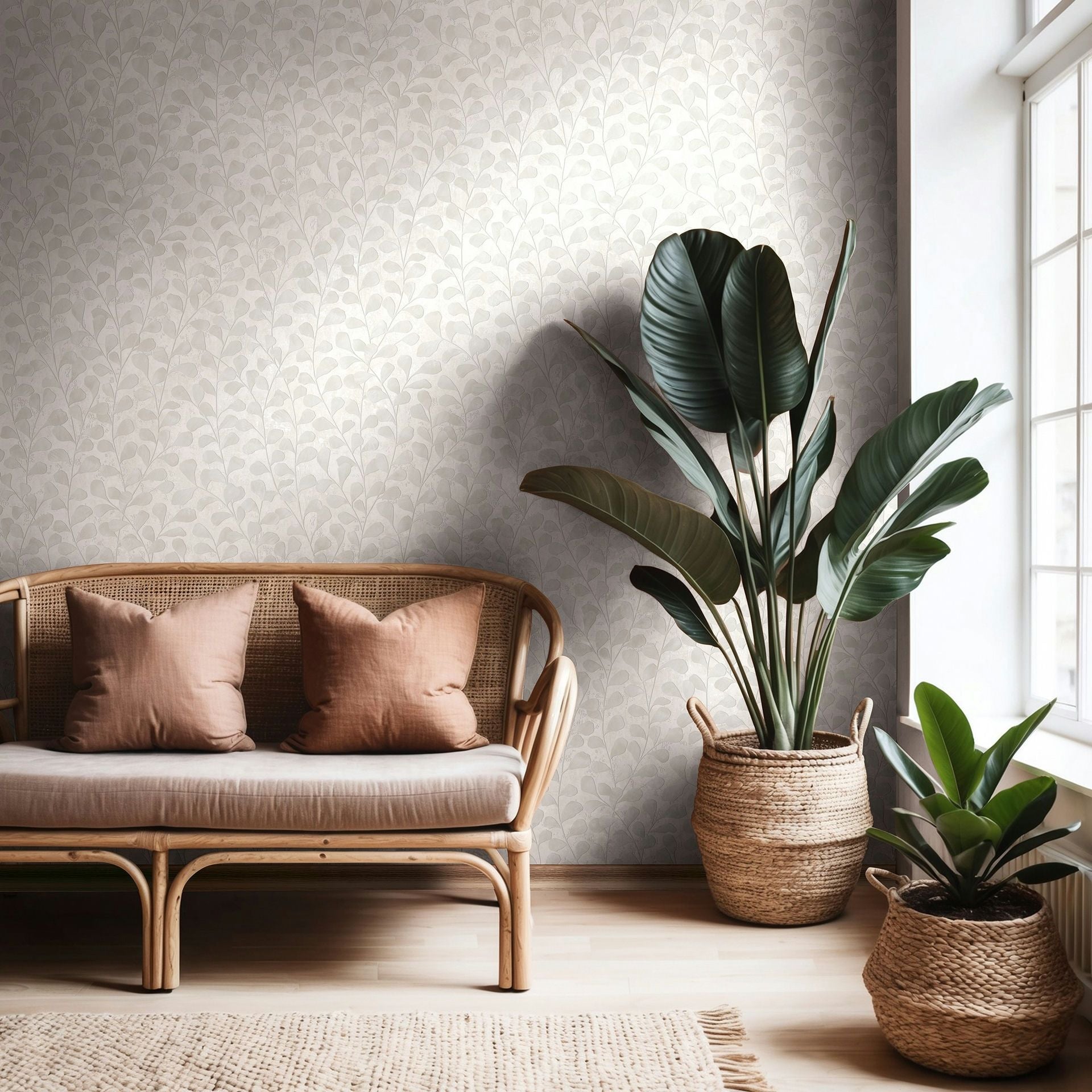 Marburg Naomi 82501 Light neutral wallpaper with a delicate leaf pattern shown behind a rattan sofa with cushions and large potted plants beside a window.